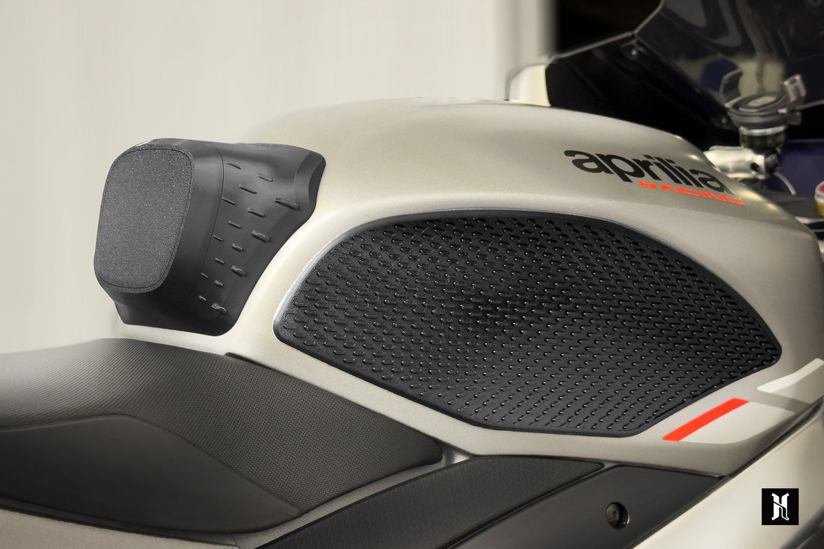 HTP-RSV4 MorphGrip tank pads installed on Aprilia RSV4 showing grip pad placement and custom fitment