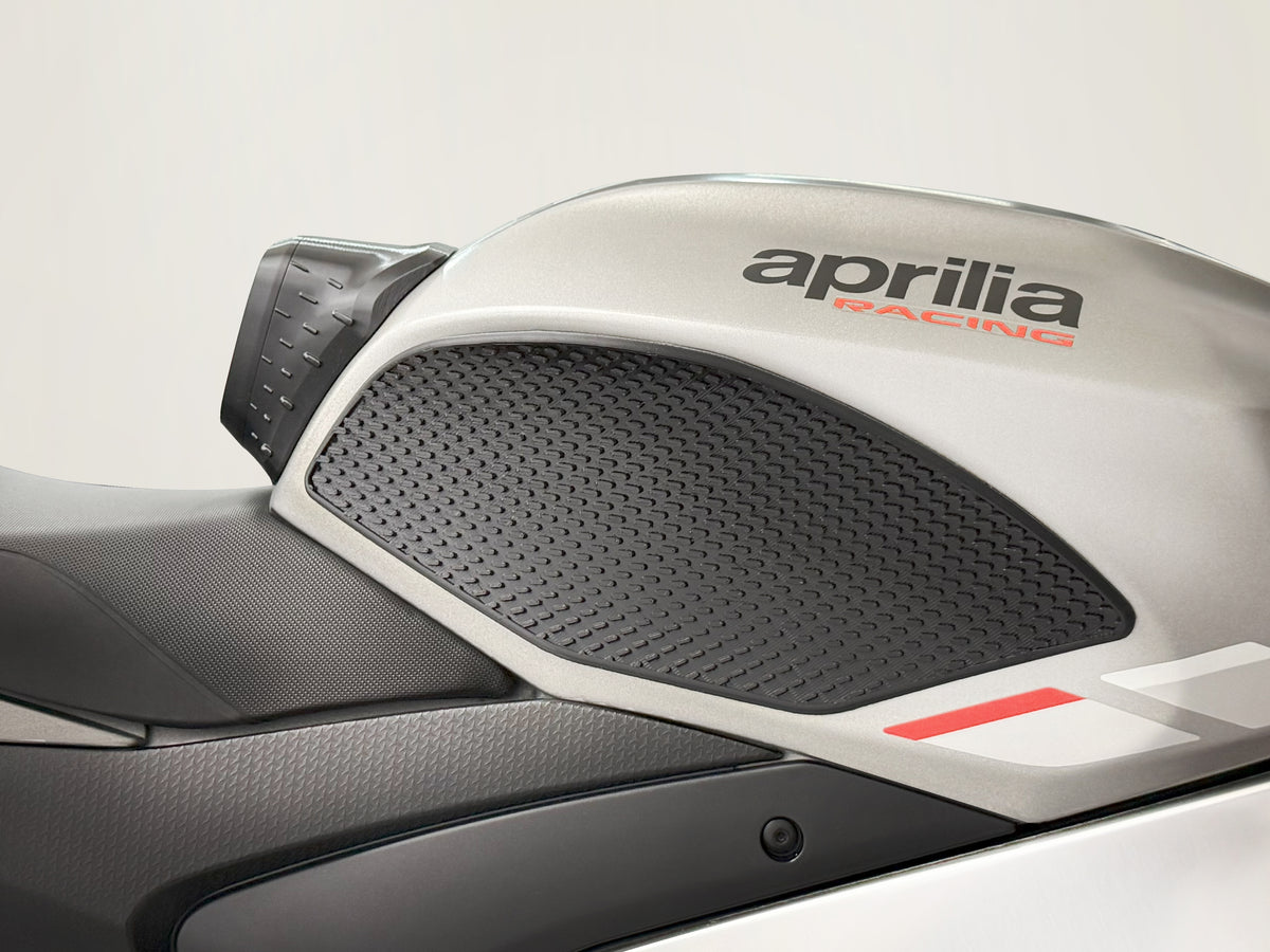 side view of EXT RSV4 extension support kit showing raised 3D tank grip pad design for improved rider control and knee grip support