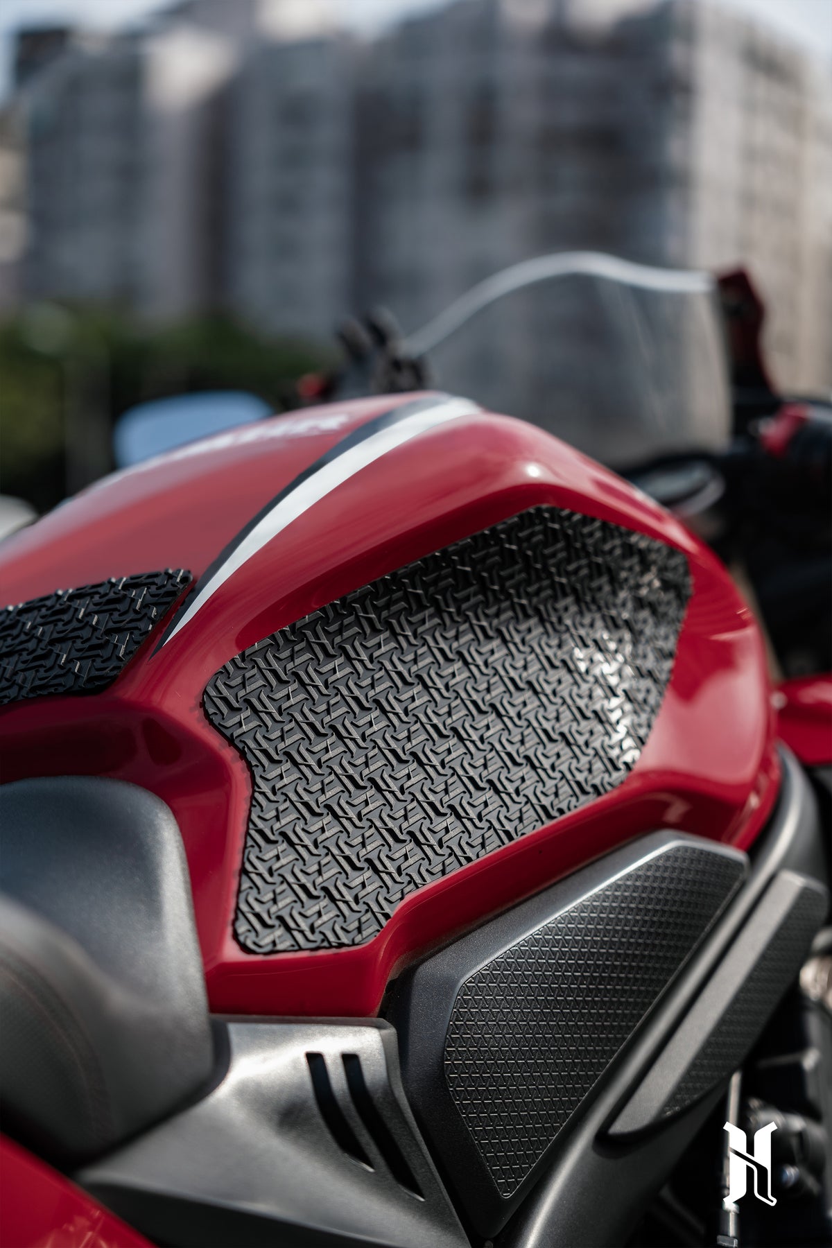 HTP tank pads installed on Honda CBR650R showing motorcycle tank grip pad placement and OEM style fitment