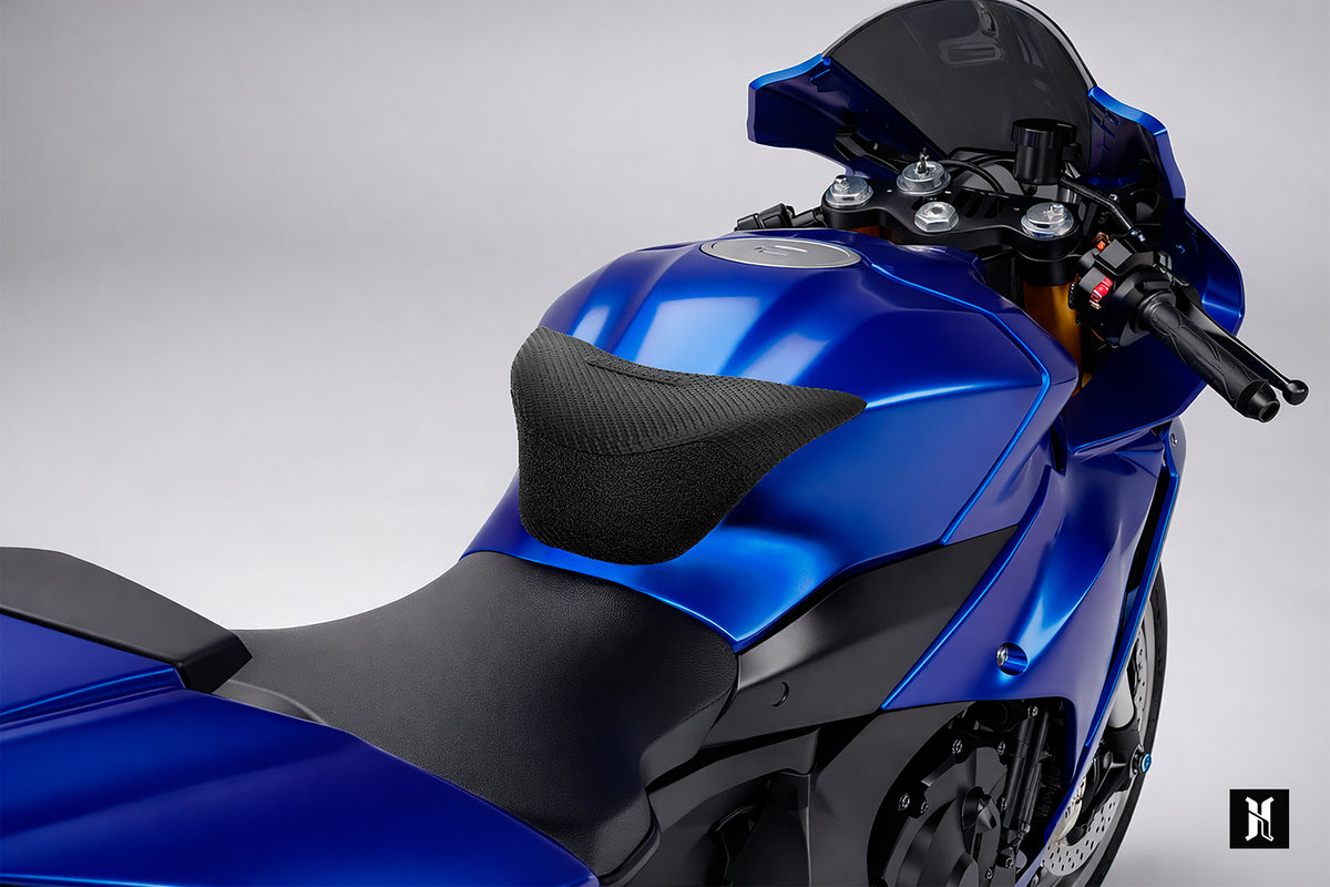 EXT support system installed on Yamaha YZF-R1 showing motorcycle tank grip pad placement and knee grip support