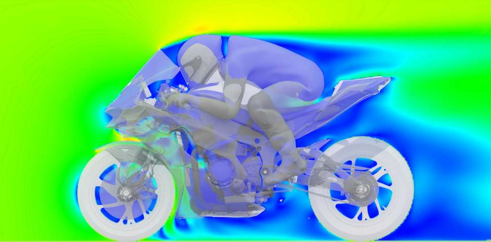 Kawasaki ZX-10R CFD side-view velocity field at 75 m/s